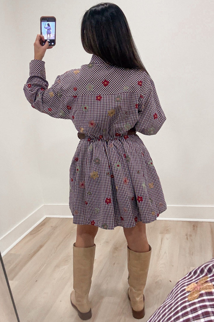 burgundy and white plaid print with floral embroidery long sleeve collared v neckline button front mini dress