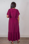 burgundy ruffle maxi dress