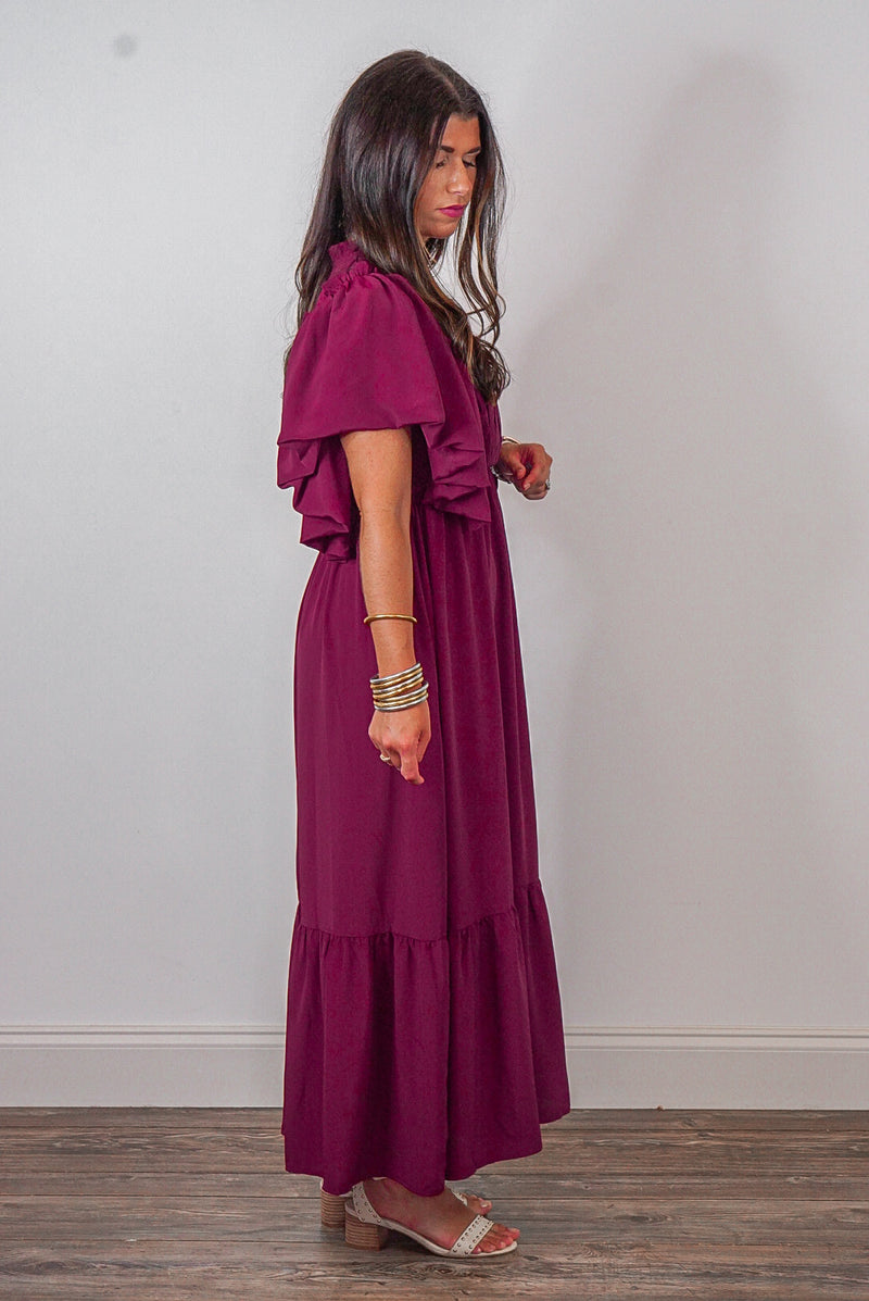 burgundy ruffle maxi dress