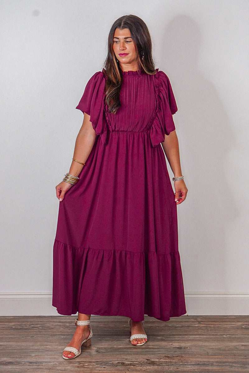 burgundy ruffle maxi dress