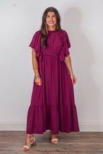 burgundy ruffle maxi dress