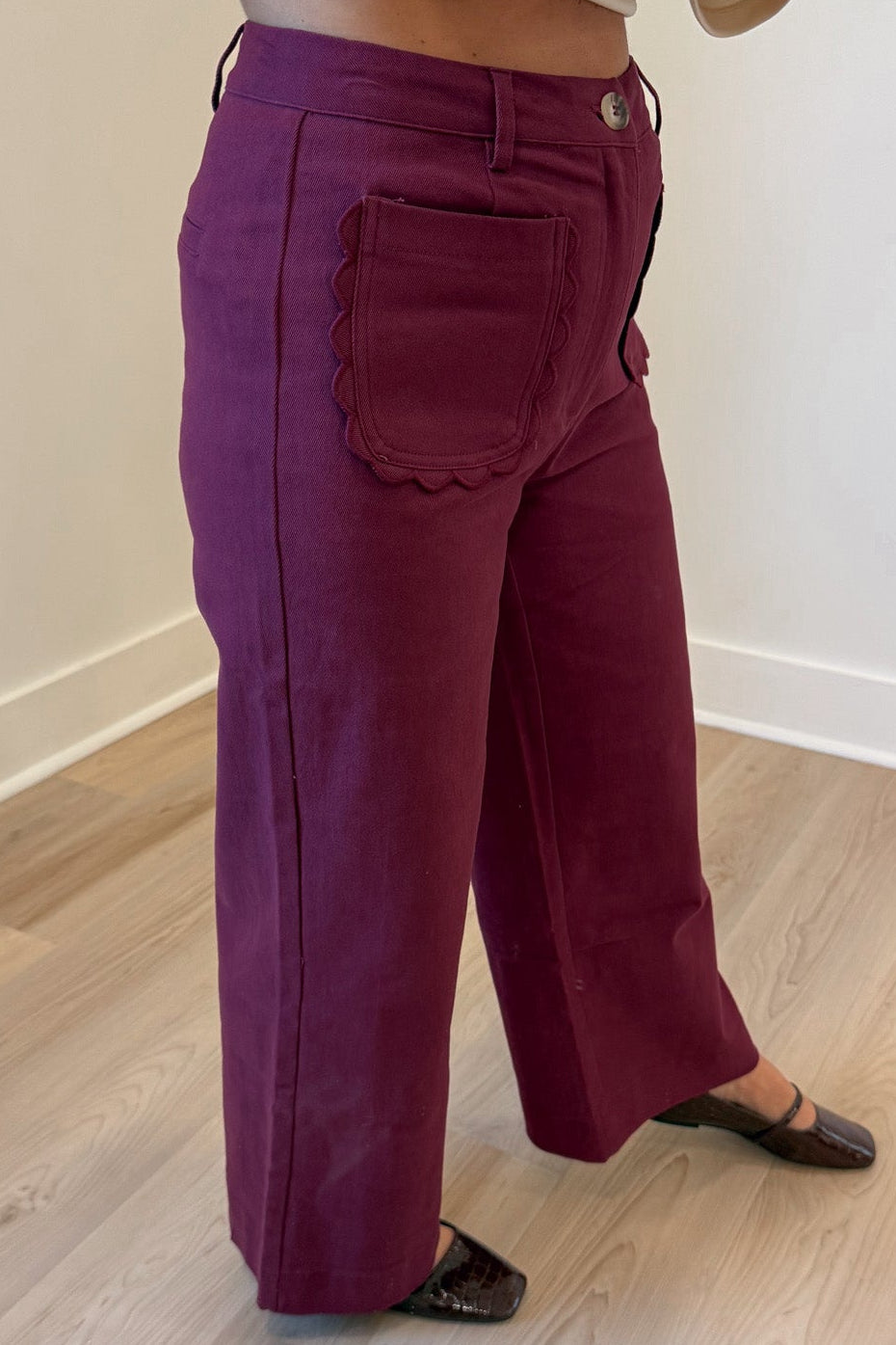 solid burgundy scalloped embroidery trim wide leg high waisted twill denim pants with belt loops