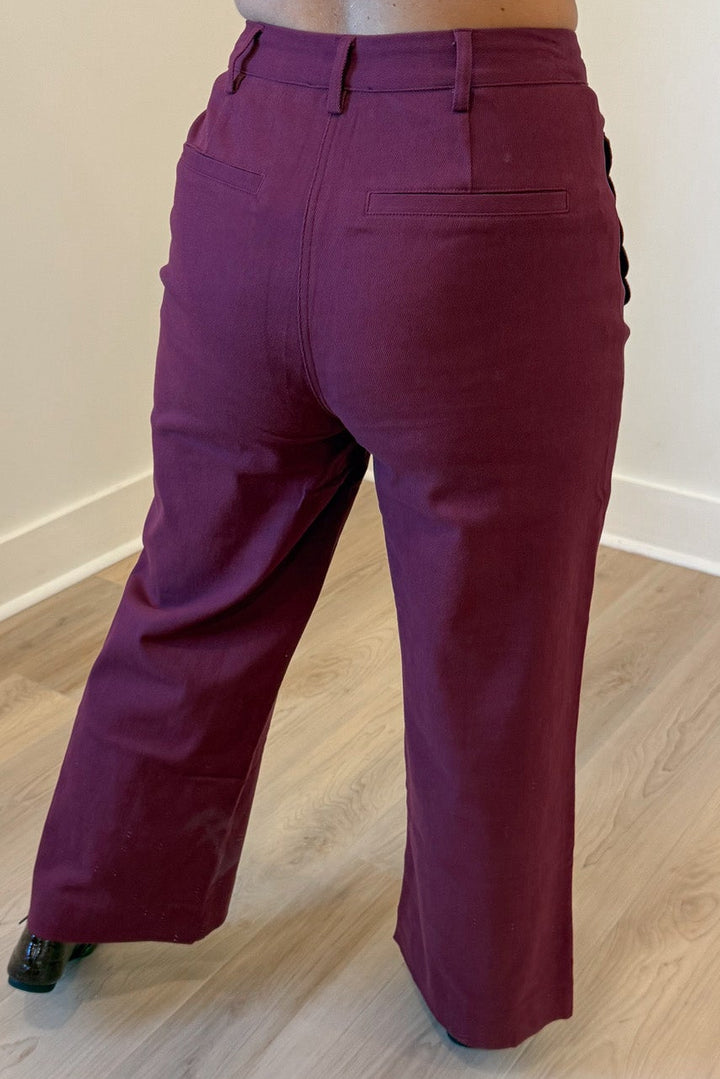 solid burgundy scalloped embroidery trim wide leg high waisted twill denim pants with faux back pockets