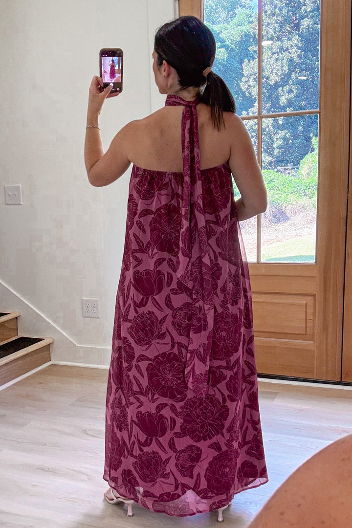 floral burgundy strapless maxi dress back