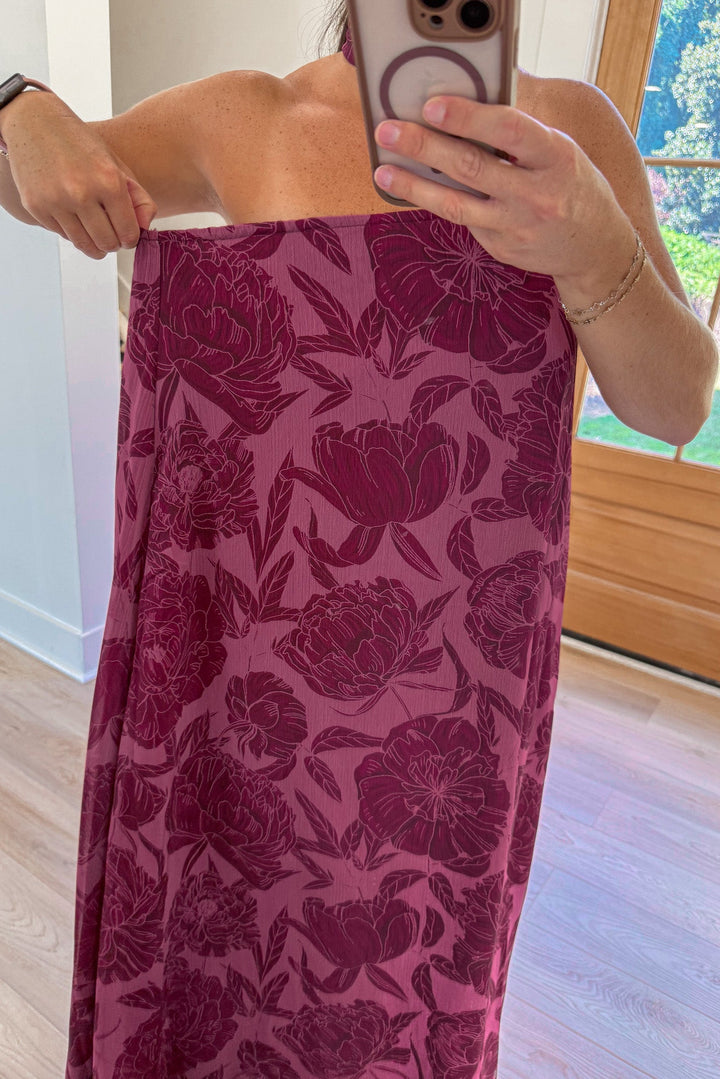 floral burgundy strapless maxi dress details