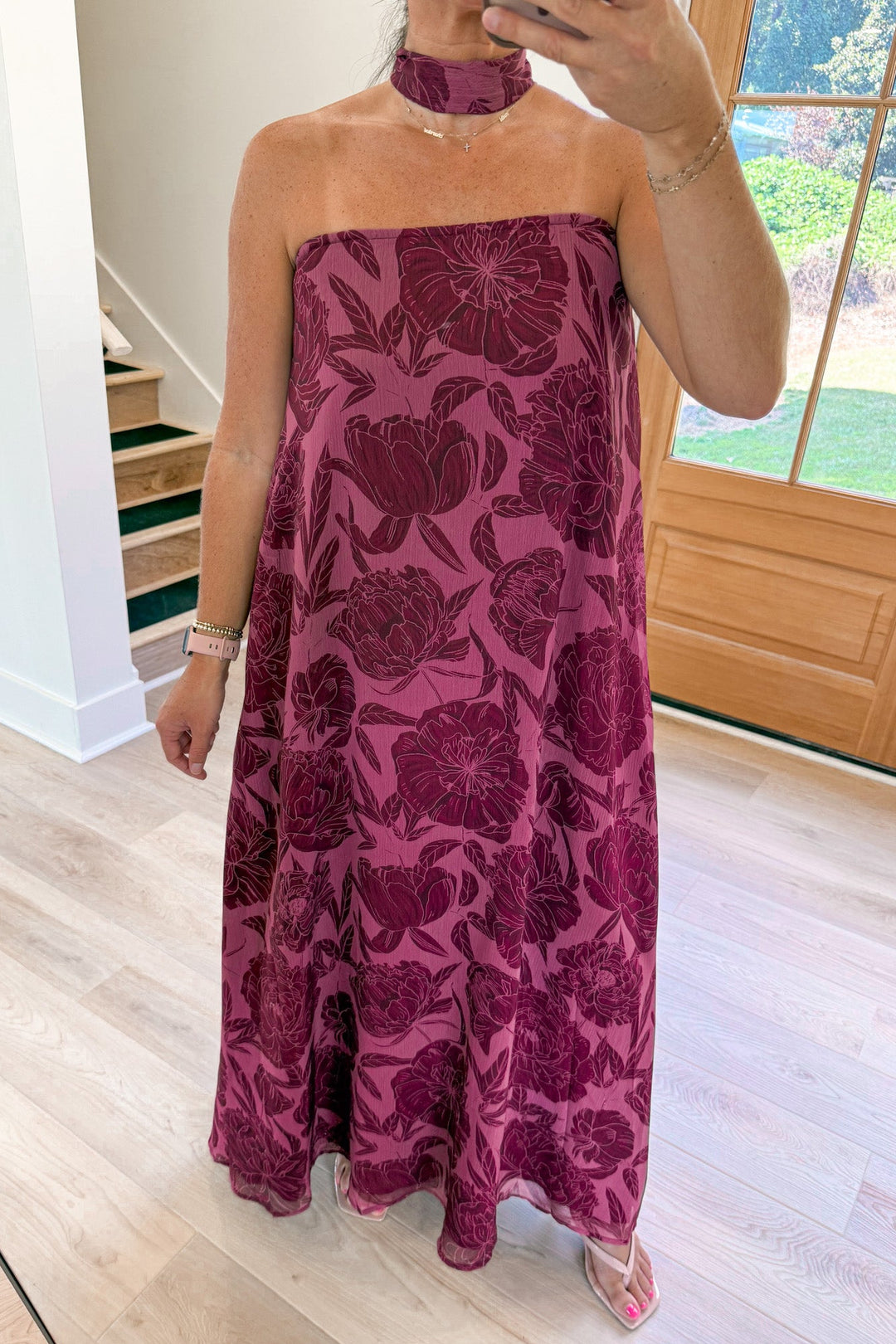 floral burgundy strapless maxi dress with neck tie