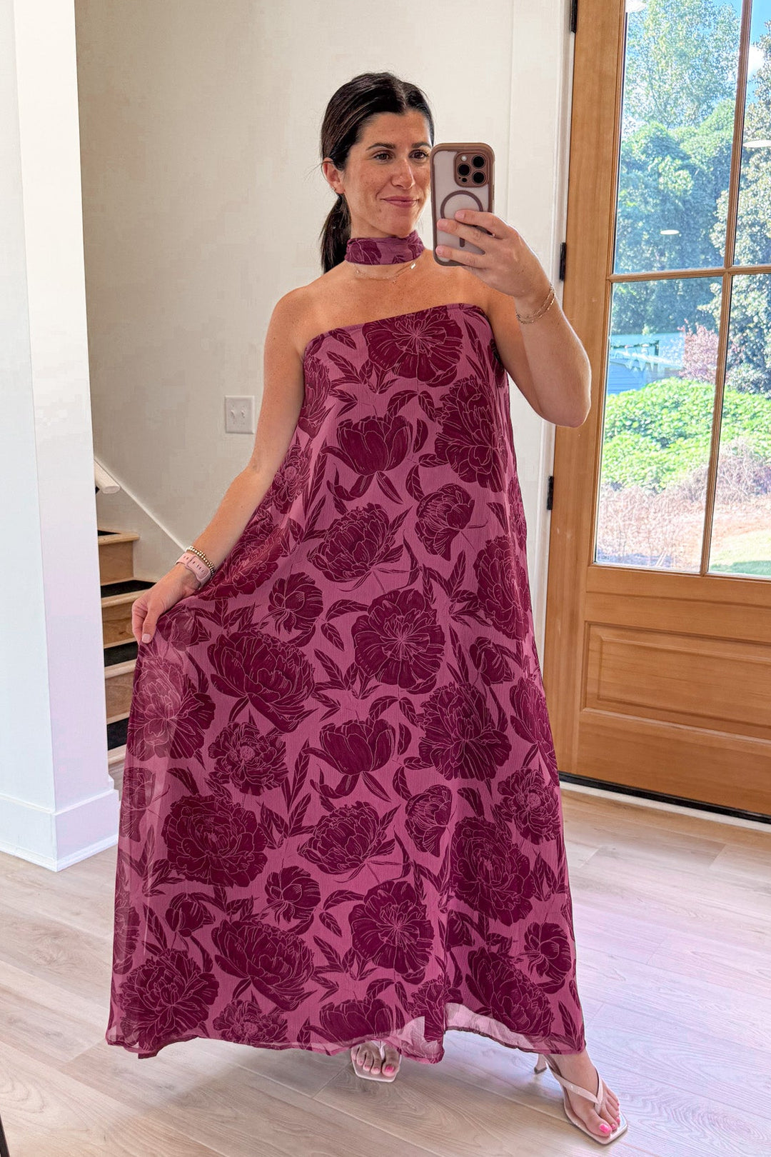 floral burgundy strapless maxi dress
