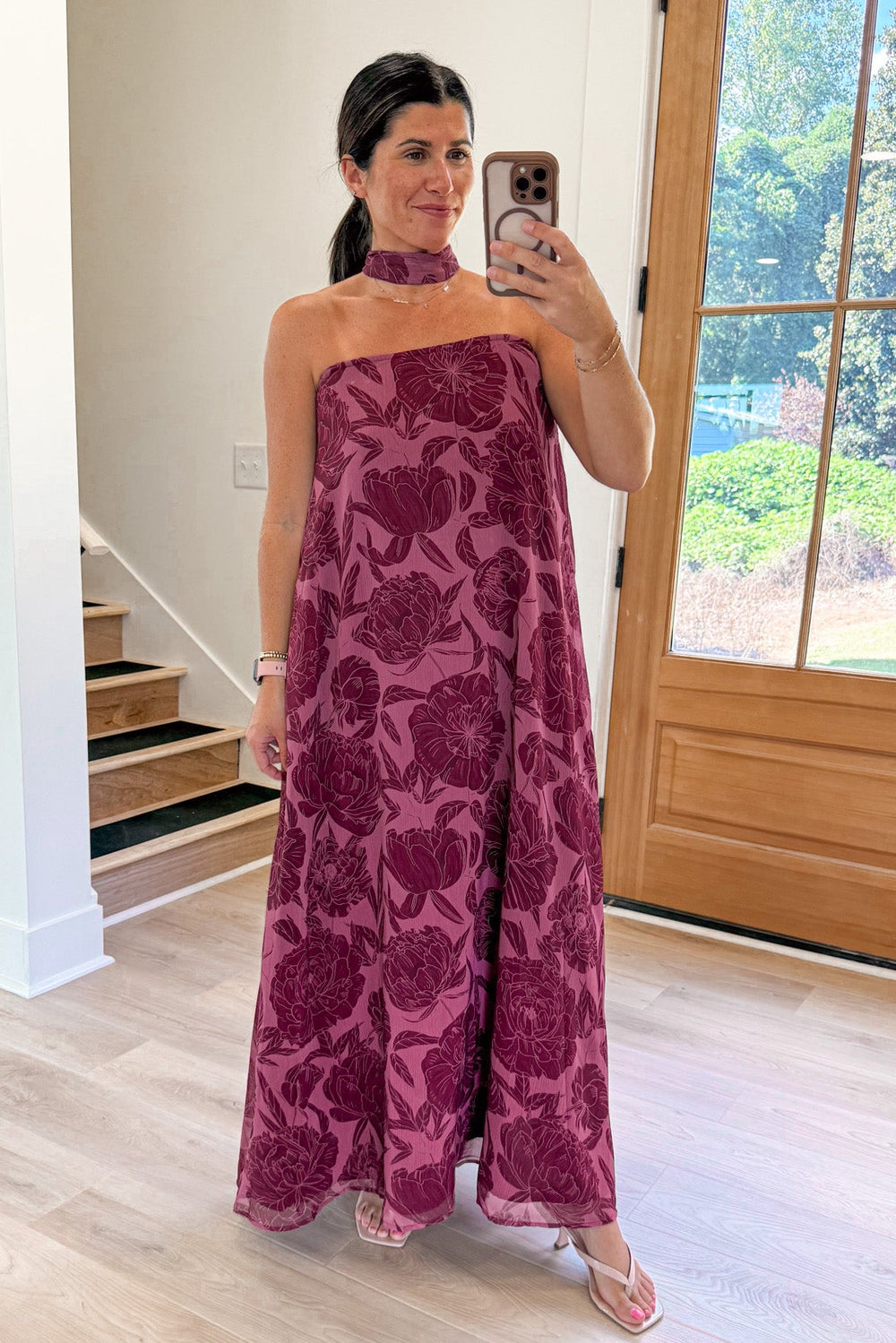 fall floral burgundy strapless maxi dress