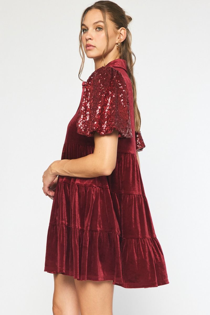 Entro Burgundy velvet tiered babydoll dress with sequin puff sleeves