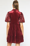 Entro Burgundy velvet tiered babydoll dress with sequin puff sleeves