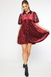 Entro Burgundy velvet tiered babydoll dress with sequin puff sleeves