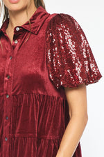 Entro Burgundy velvet tiered babydoll dress with sequin puff sleeves