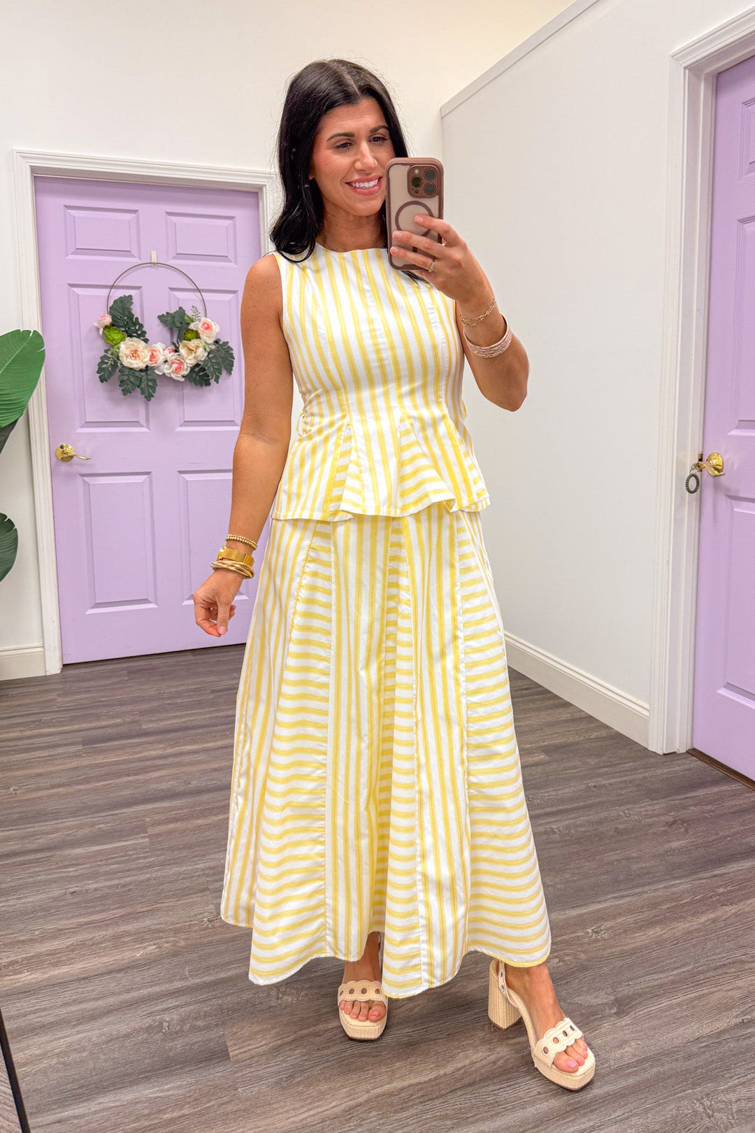 butter yellow striped peplum dressy top with matching skirt