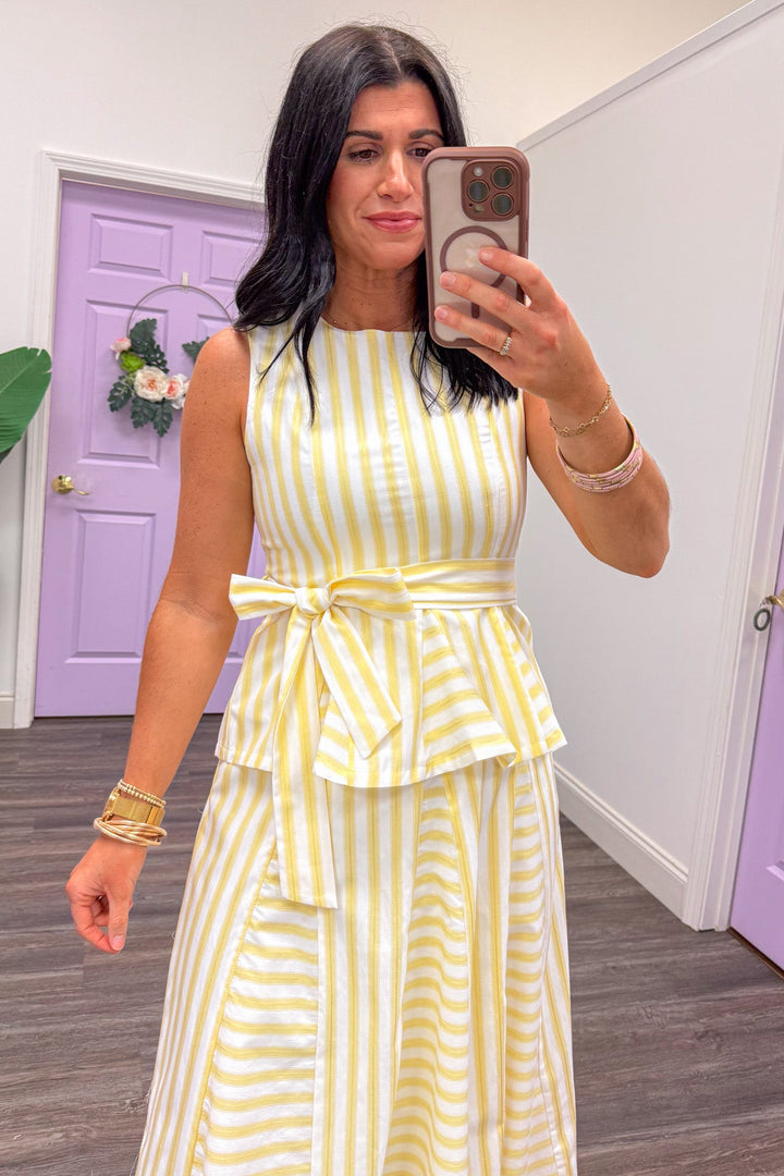 butter yellow striped peplum dressy top