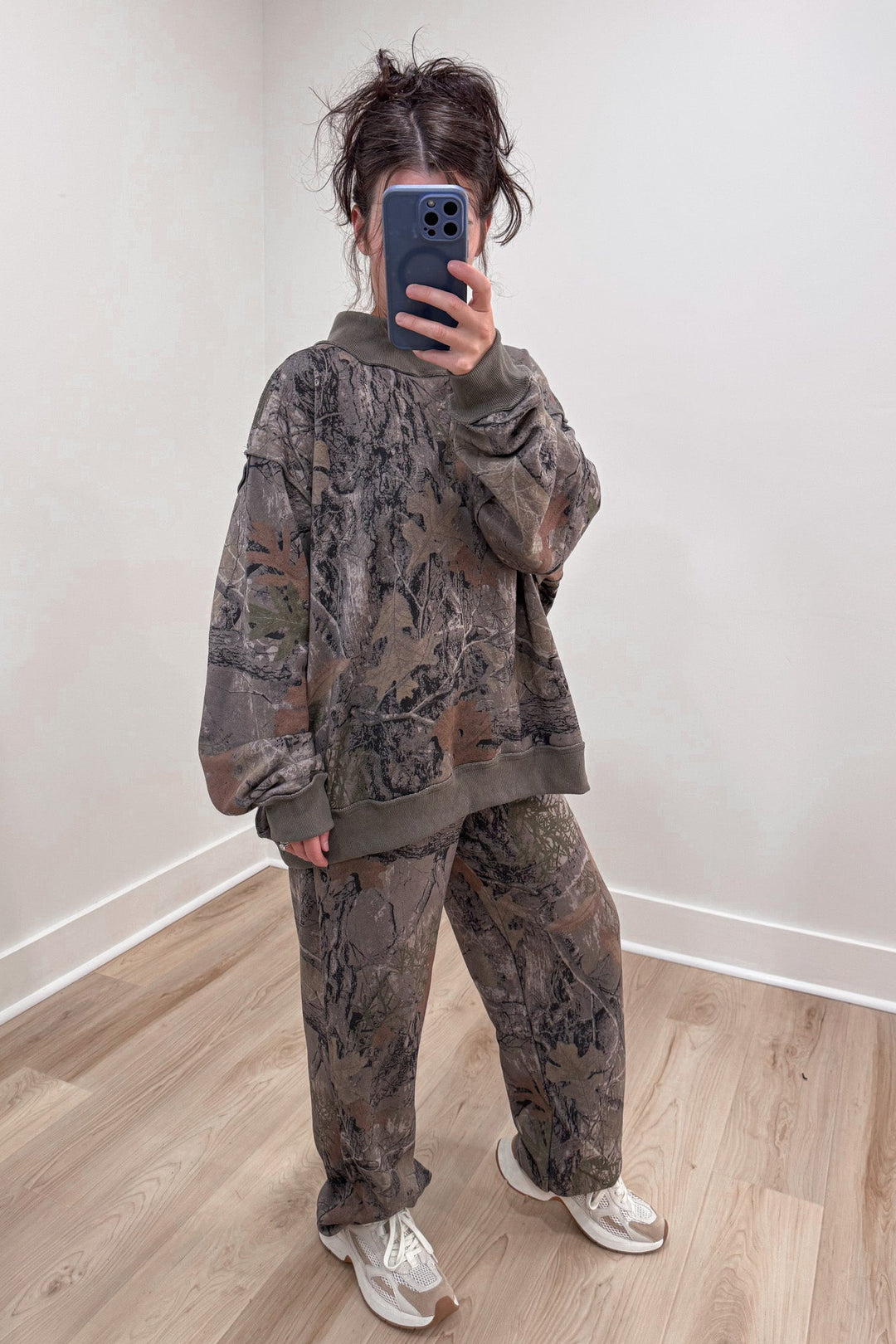 camo print jogger pants mock neck