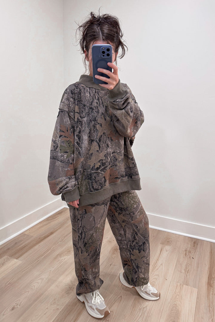 camo print jogger pants mock neck
