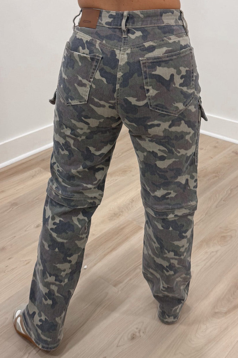green brown and beige camouflage print high rise straight leg cargo jeans with back pockets