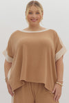 Entro Caramel ribbed textured knit top with cream trim