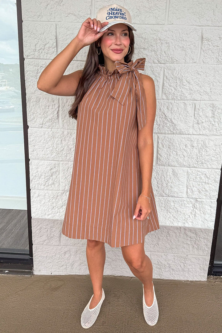 caramel and blue vertical striped sleeveless cinch mock neck short dress