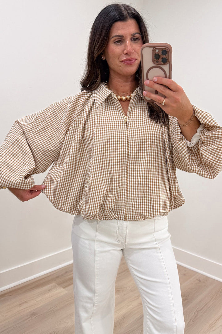 caramel and cream gingham checkered print long sleeve bubble hem relaxed silhouette lightweight jacket