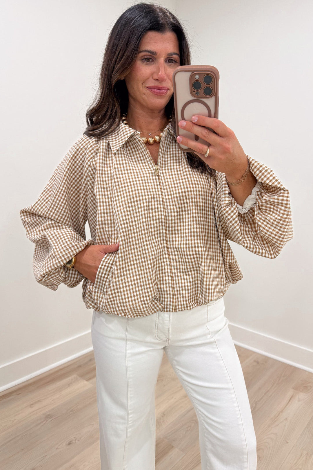 caramel and cream gingham checkered print long sleeve bubble hem lightweight jacket with front pockets
