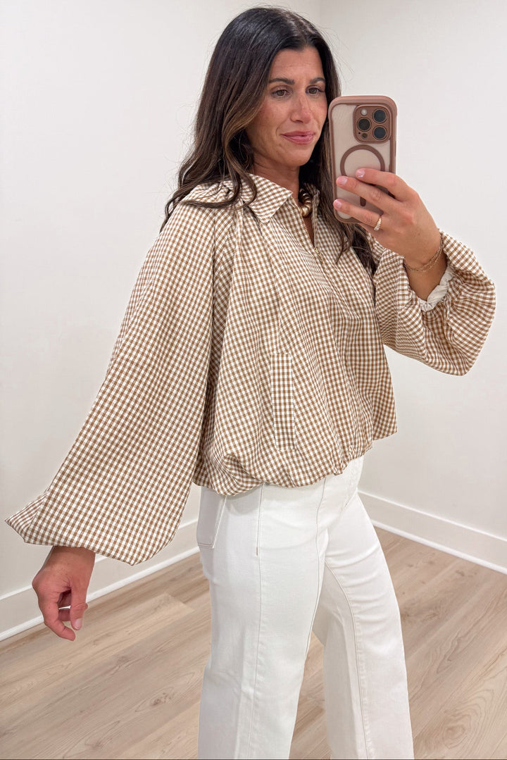 caramel and cream gingham checkered print long balloon sleeve bubble hem lightweight jacket