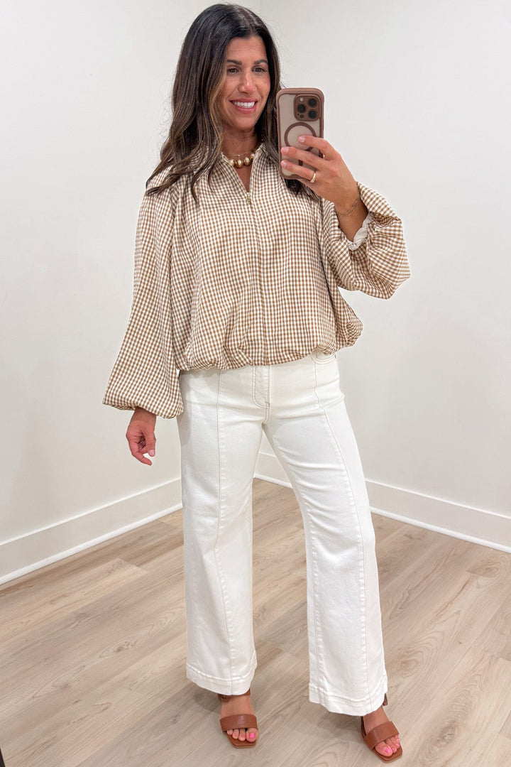 caramel and cream gingham checkered print bubble hem lightweight zipper front jacket