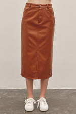 In February Caramel faux leather midi skirt with front slit