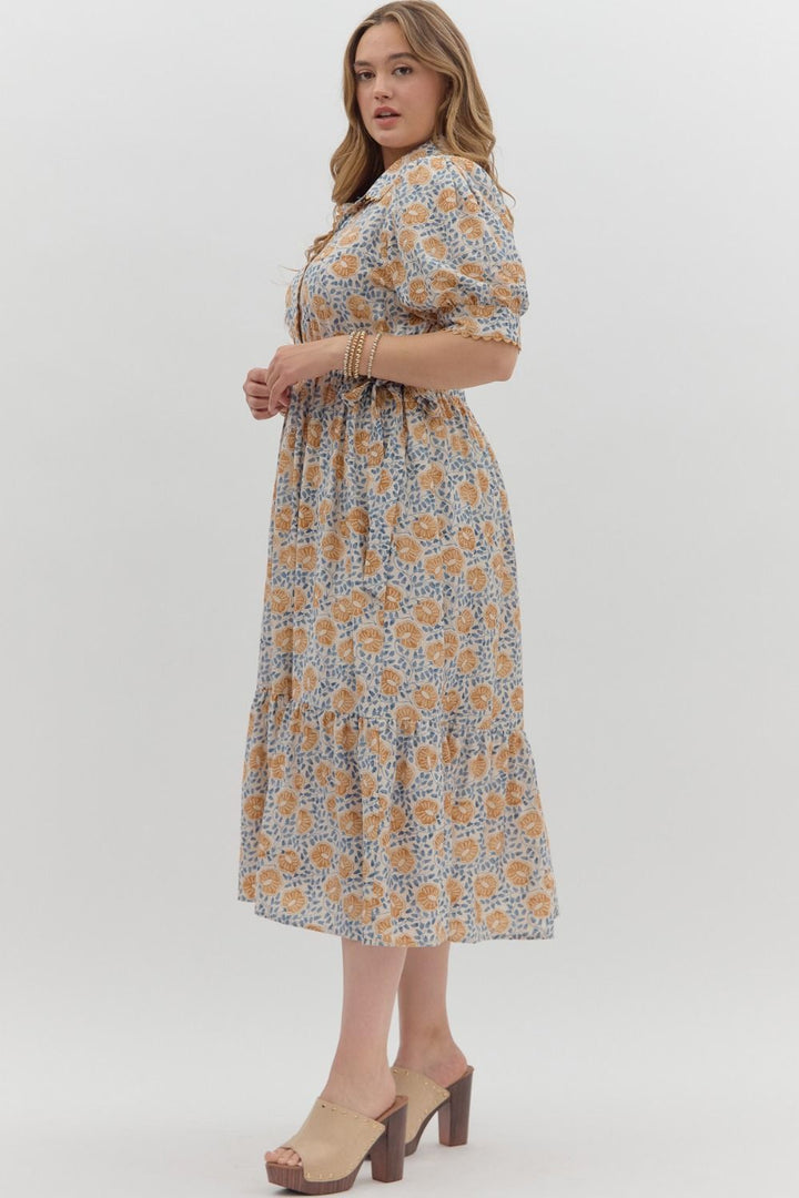 Women's cream midi dress with caramel and blue floral print by Entro in Plus showing side view