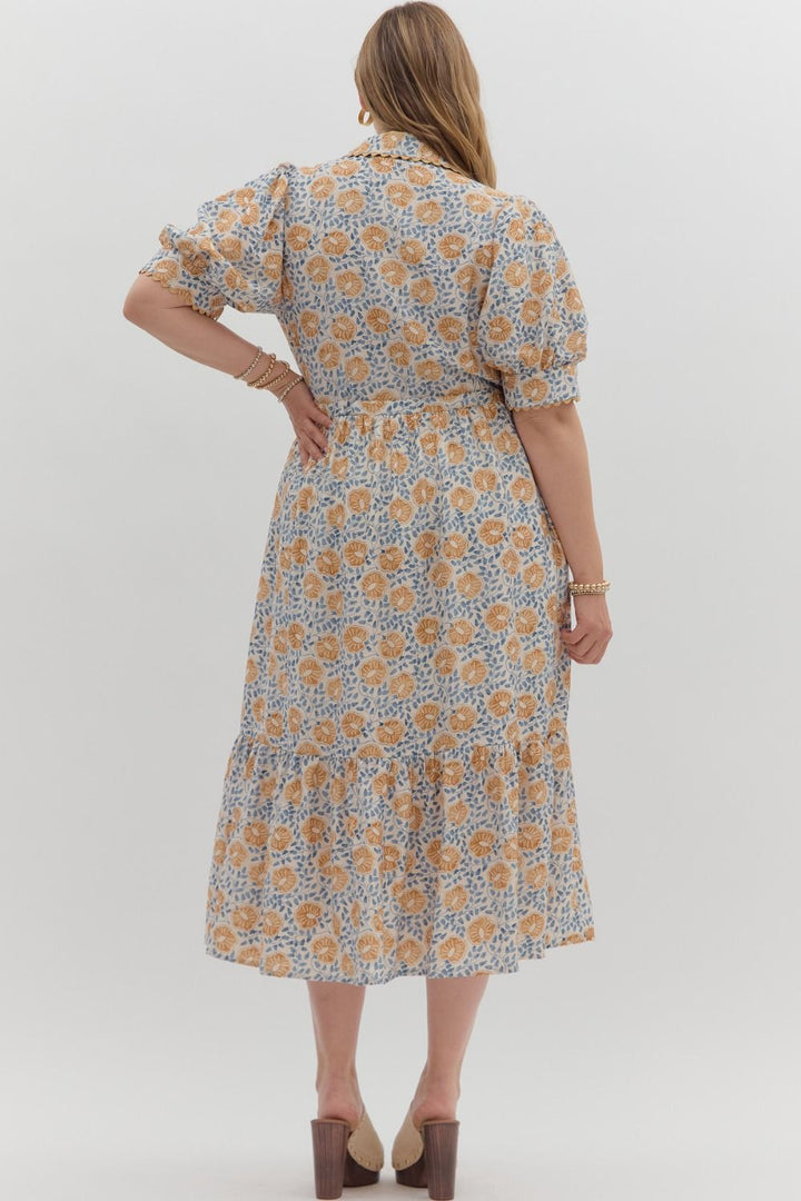 Women's cream midi dress with caramel and blue floral print by Entro in Plus showing back view