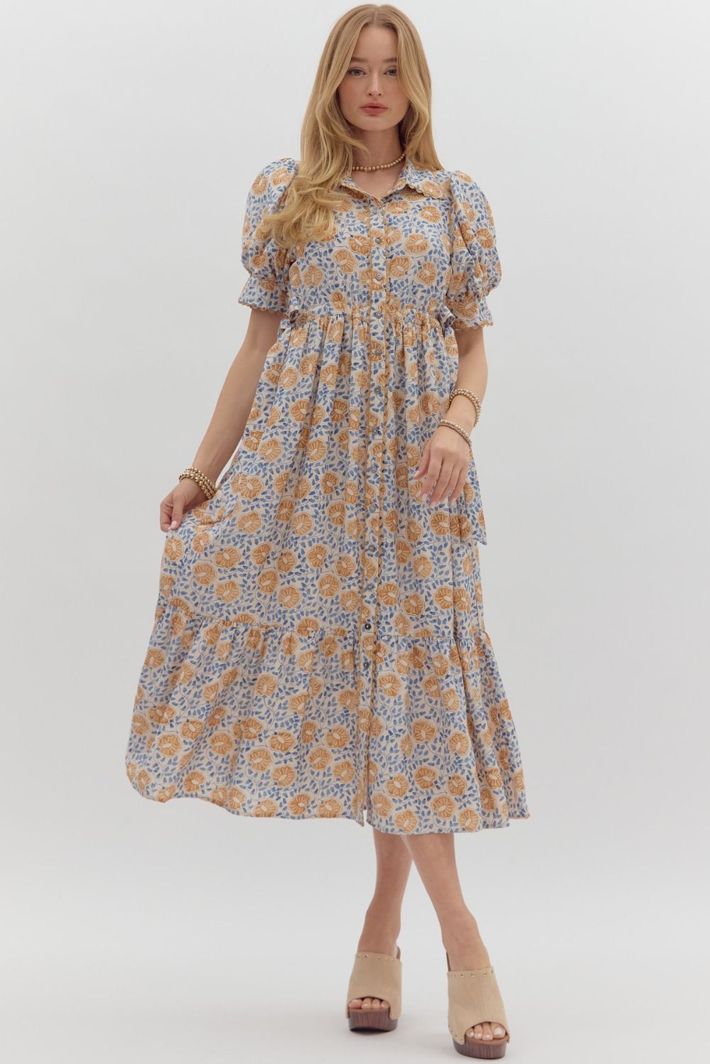 Women's cream button front midi dress with caramel and blue floral print by Entro showing full front view