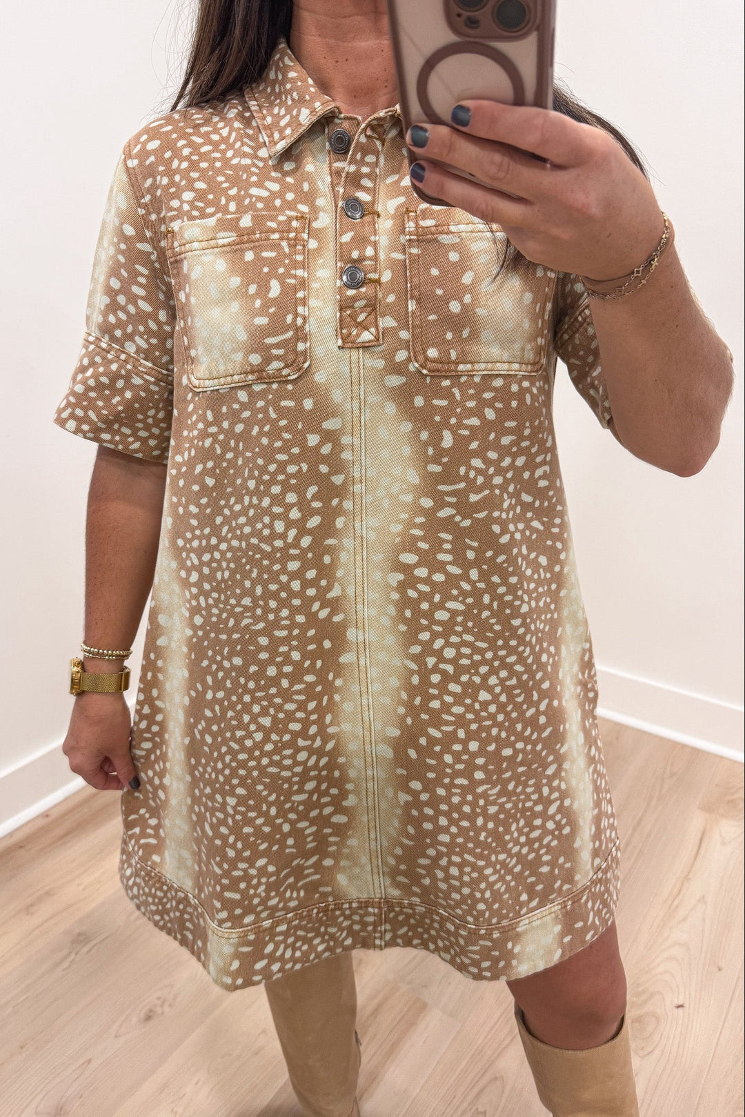 caramel and ivory spotted deer print denim button front bodice short dress with front chest pockets