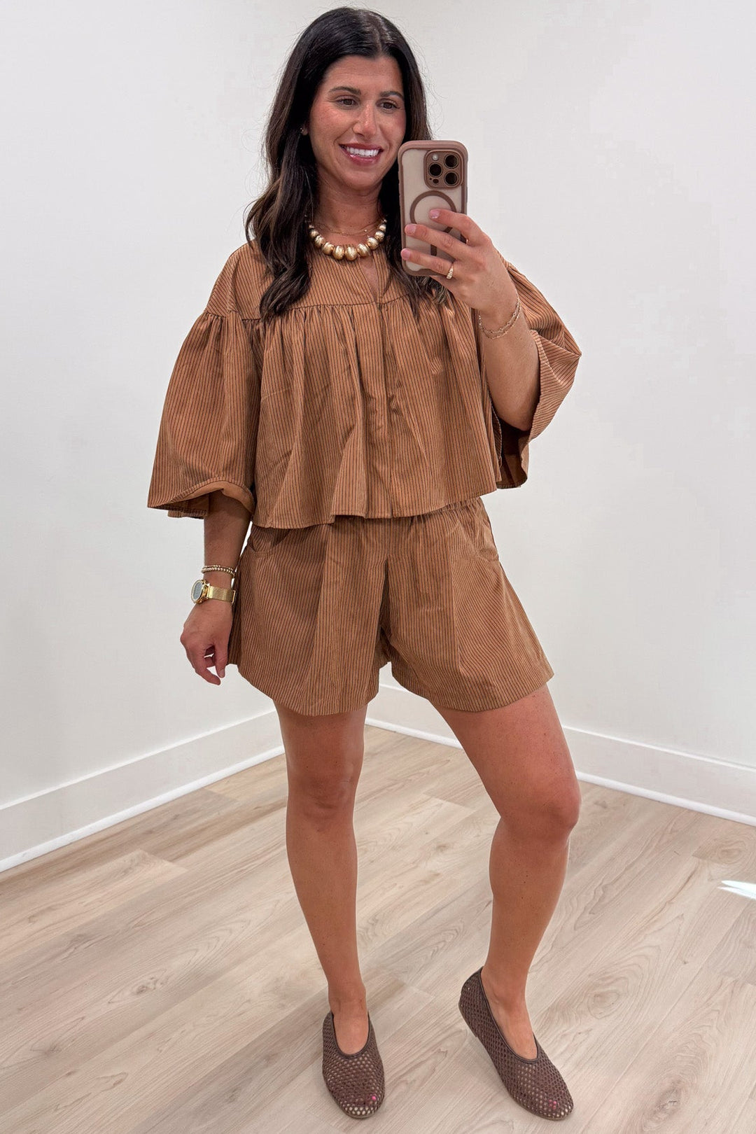 caramel pinstriped top and shorts relaxed fit matching poplin cotton set