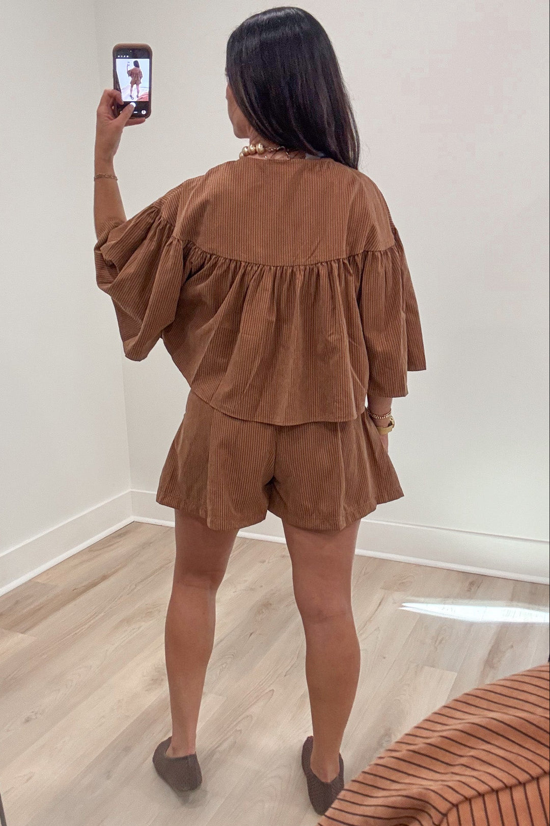 caramel pinstriped top and wide leg shorts relaxed fit matching poplin cotton set