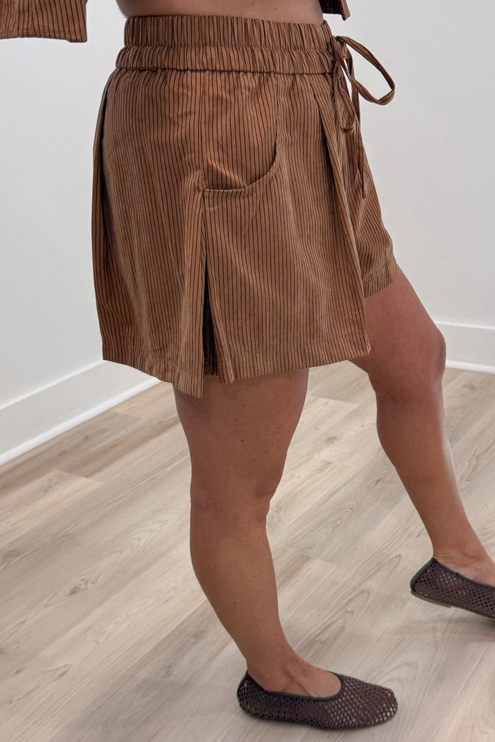 caramel brown with black pinstripes top and shorts relaxed fit matching poplin cotton set