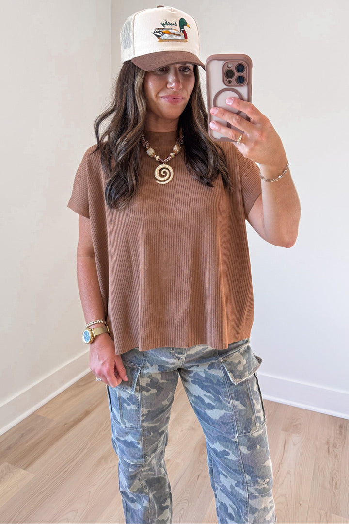 solid caramel short sleeve mock neckline relaxed silhouette ribbed knit top
