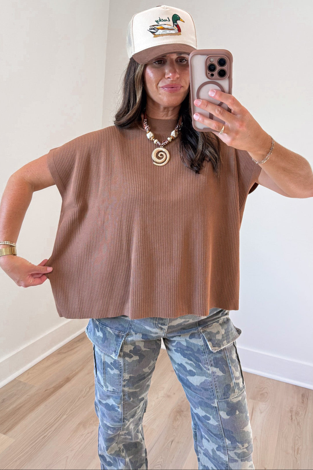 solid caramel short dolman sleeve mock neck relaxed silhouette ribbed knit top