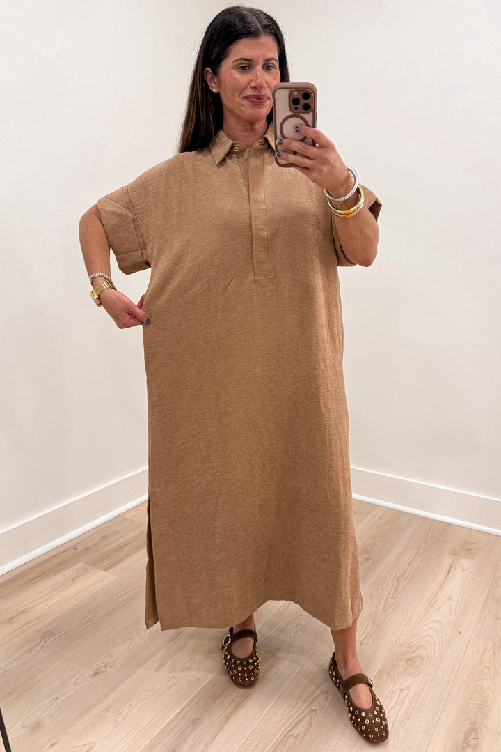 solid caramel short sleeve shirt collar neckline button front closure relaxed silhouette midi dress