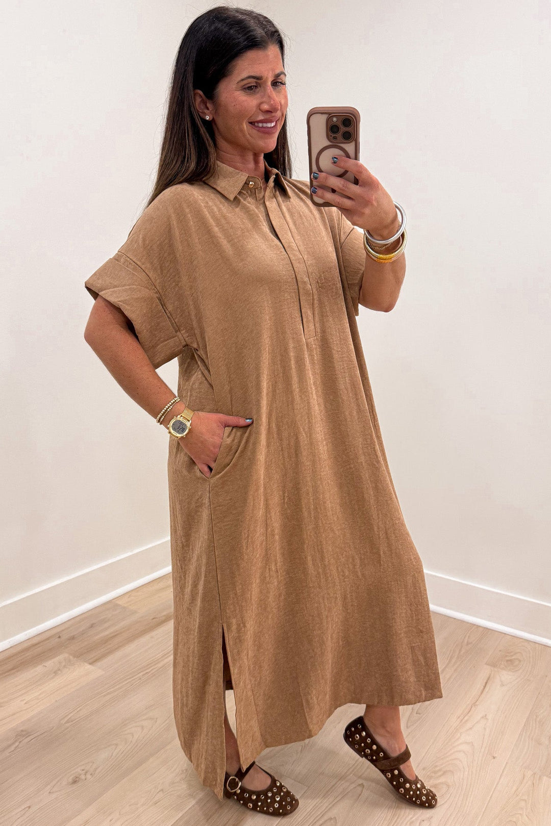 solid caramel short sleeve shirt collar neckline button front closure midi dress with side pockets