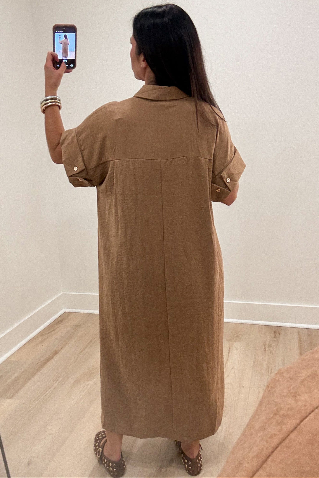 solid caramel cuffed short sleeve shirt collar neckline button front closure midi dress