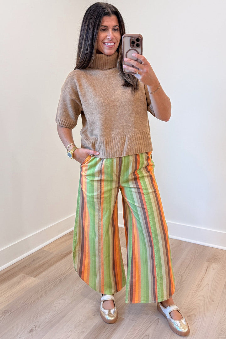 solid caramel short sleeve turtleneck semi-cropped lightweight knit sweater top with ribbed bottom hem