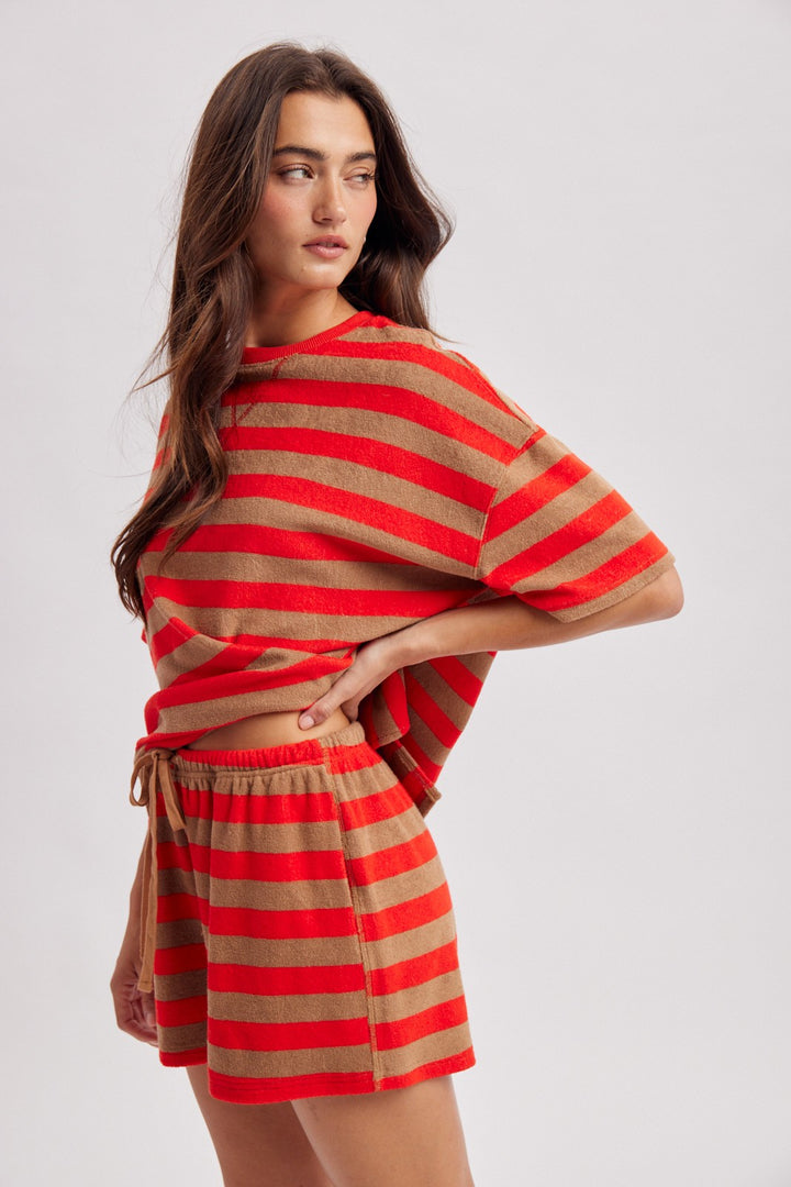 Caramel and red/orange striped terry knit short sleeve top and matching shorts set with front pockets
