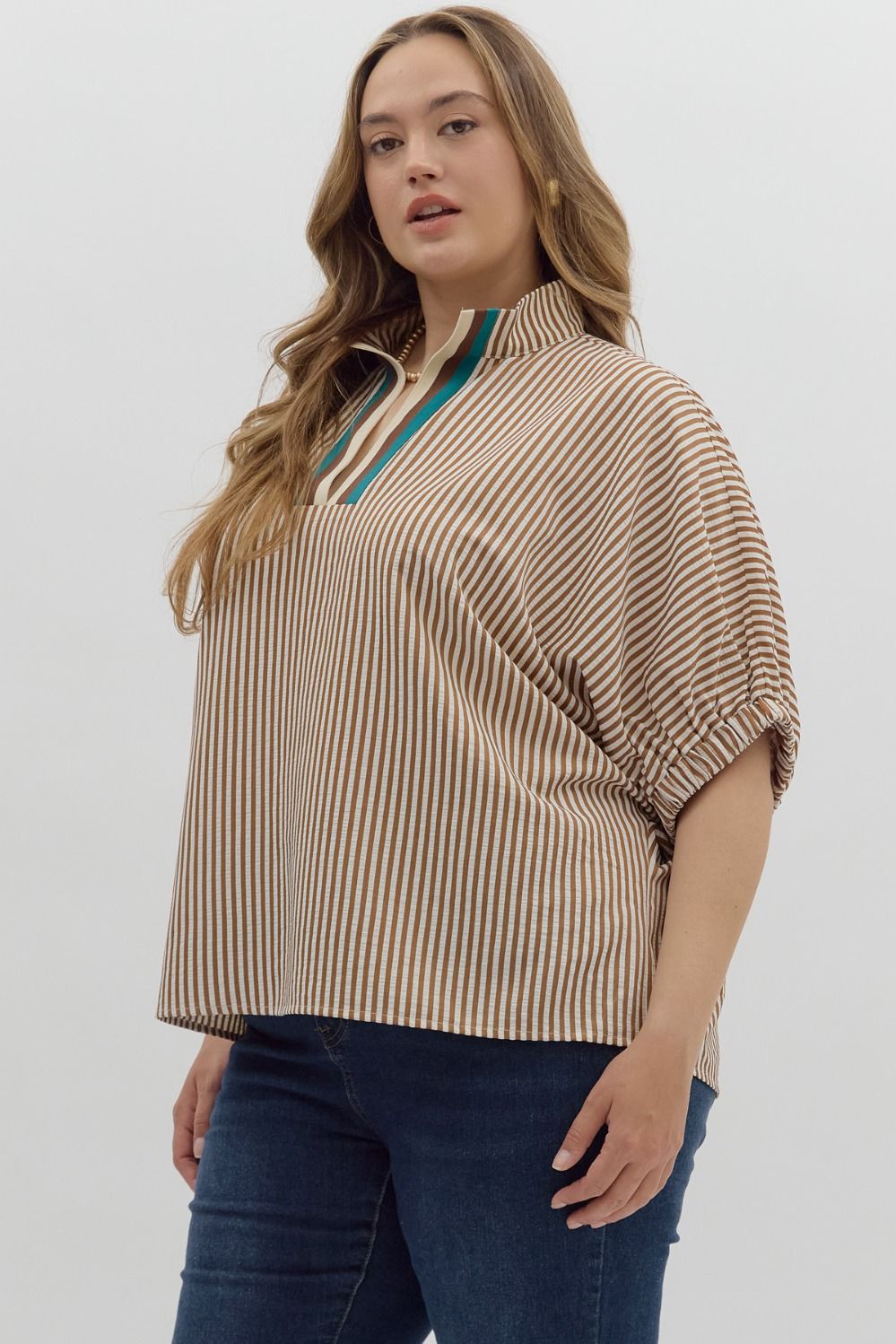Women's caramel striped dolman top by Entro in plus size showing slight side view