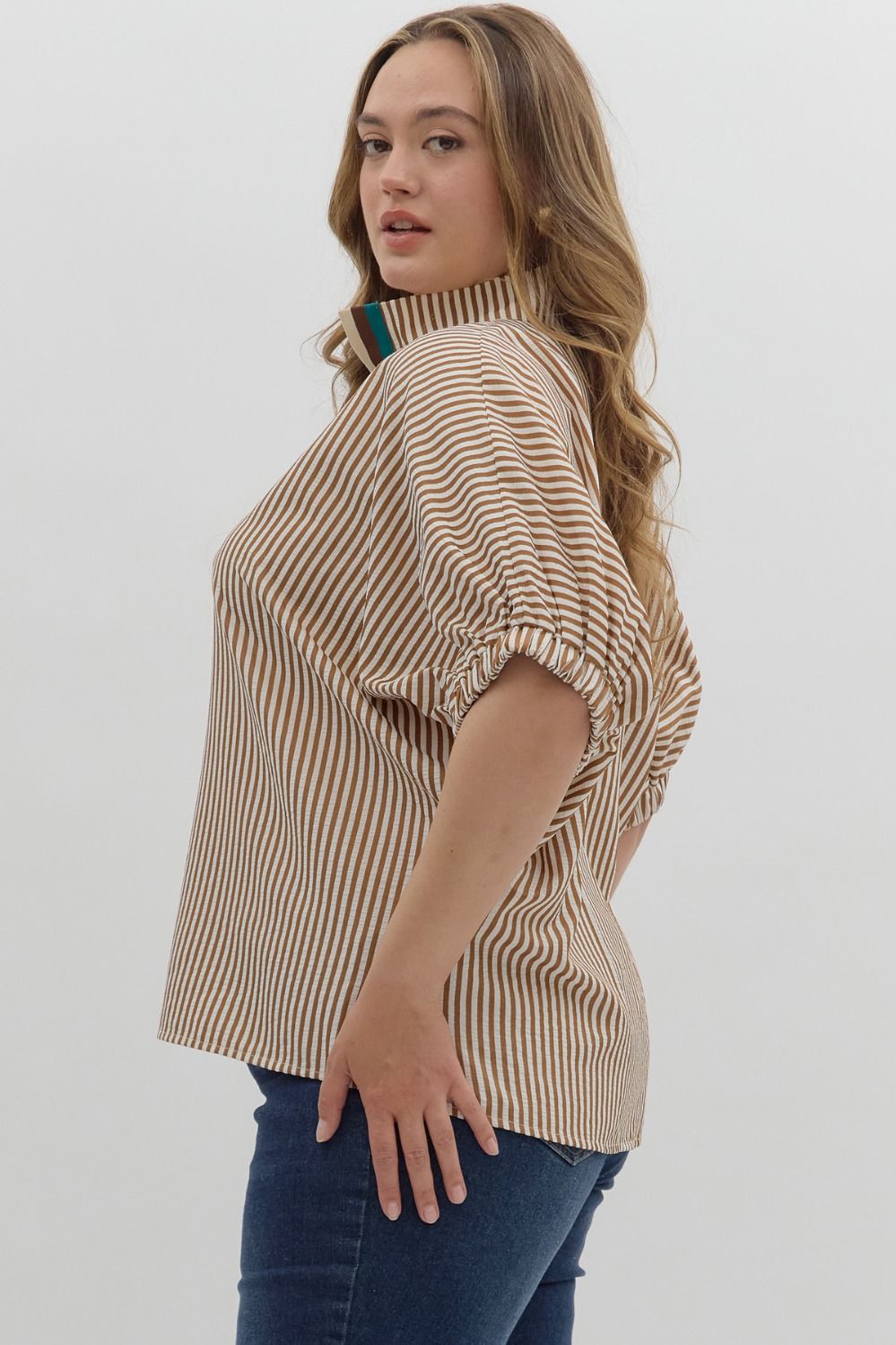 Women's caramel striped dolman top by Entro in plus size showing side view