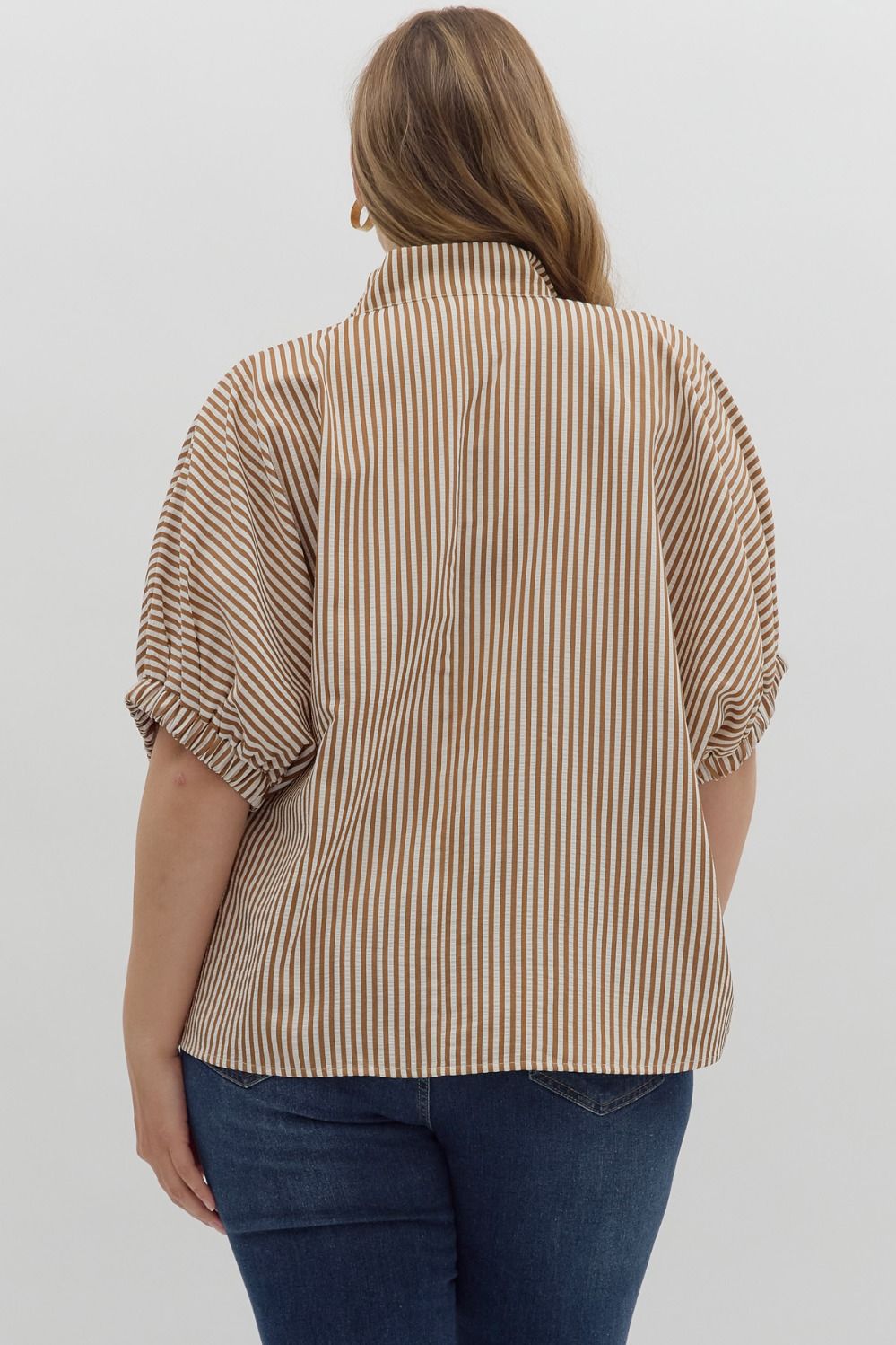 Women's caramel striped dolman top by Entro in plus size showing back view