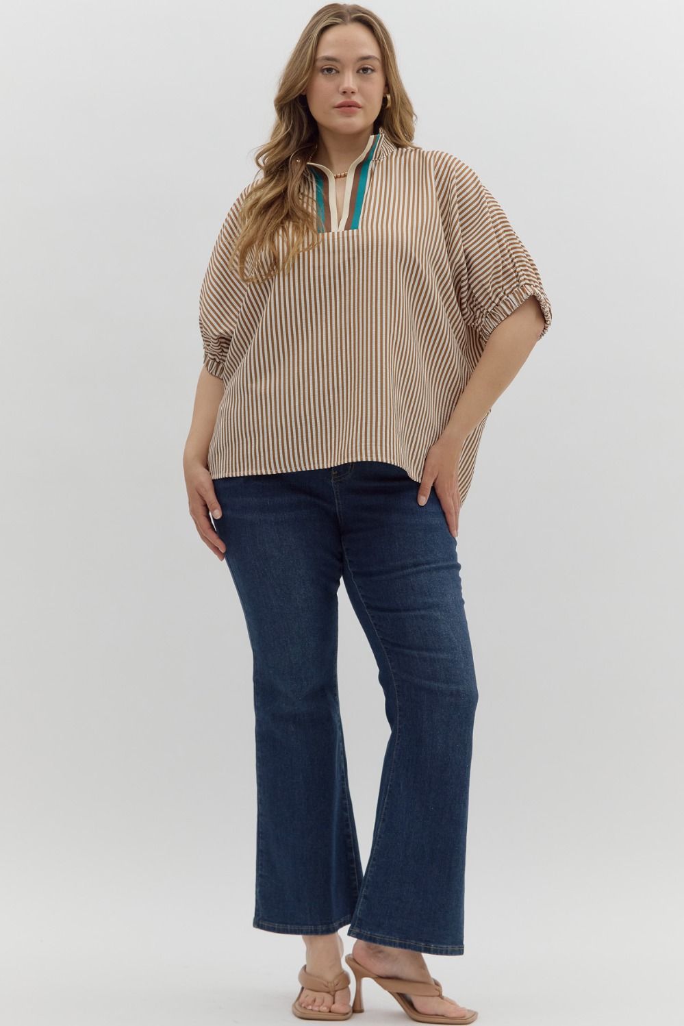 Women's caramel striped dolman top by Entro in plus size showing full front view