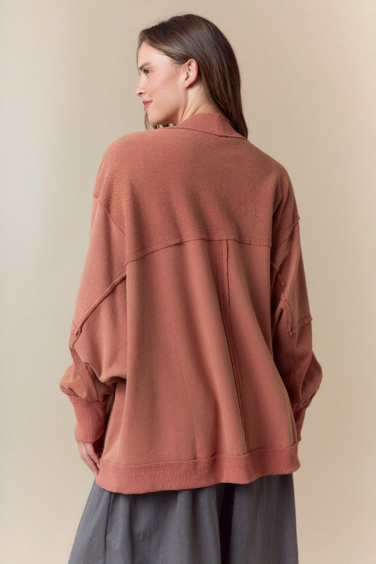 Women's washed caramel french terry knit open front batwing sleeve cardigan by Fantastic Fawn showing back view