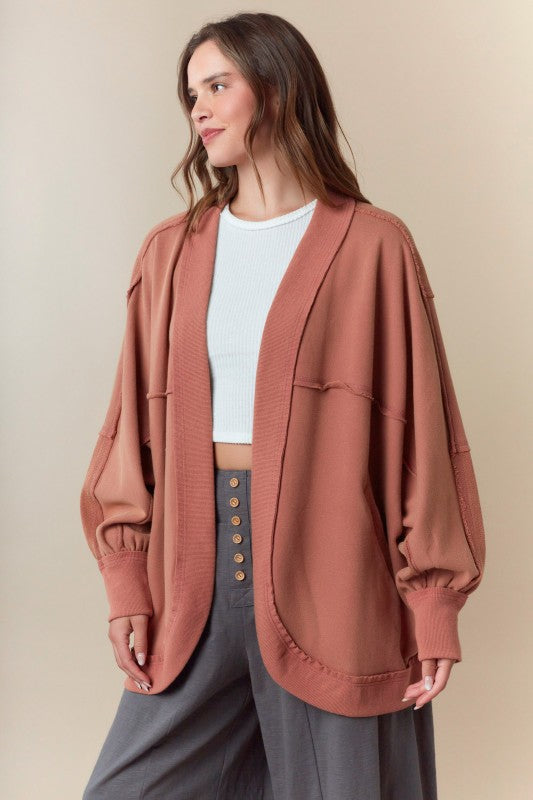 Women's washed caramel french terry knit open front batwing sleeve cardigan by Fantastic Fawn showing side view