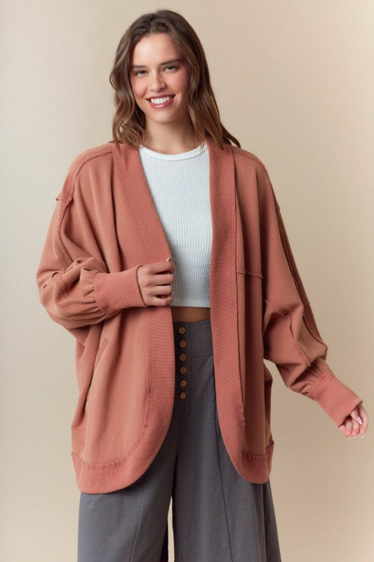 Women's washed caramel french terry knit open front batwing sleeve cardigan by Fantastic Fawn