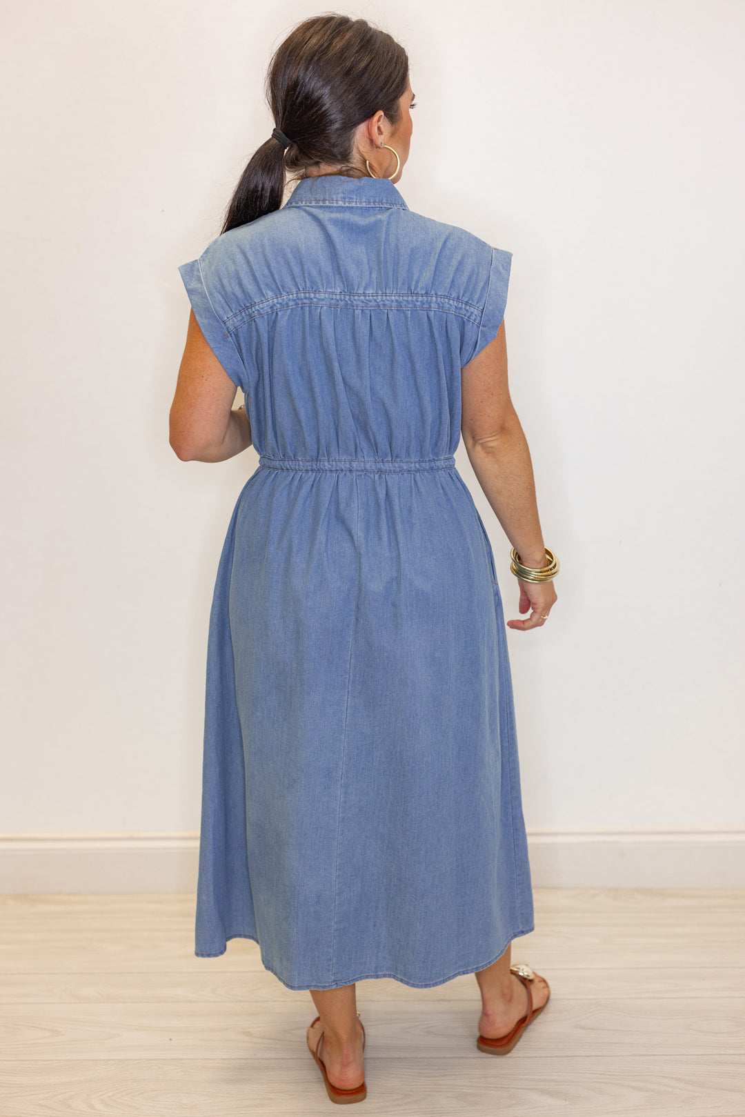 cargo denim collared midi dress